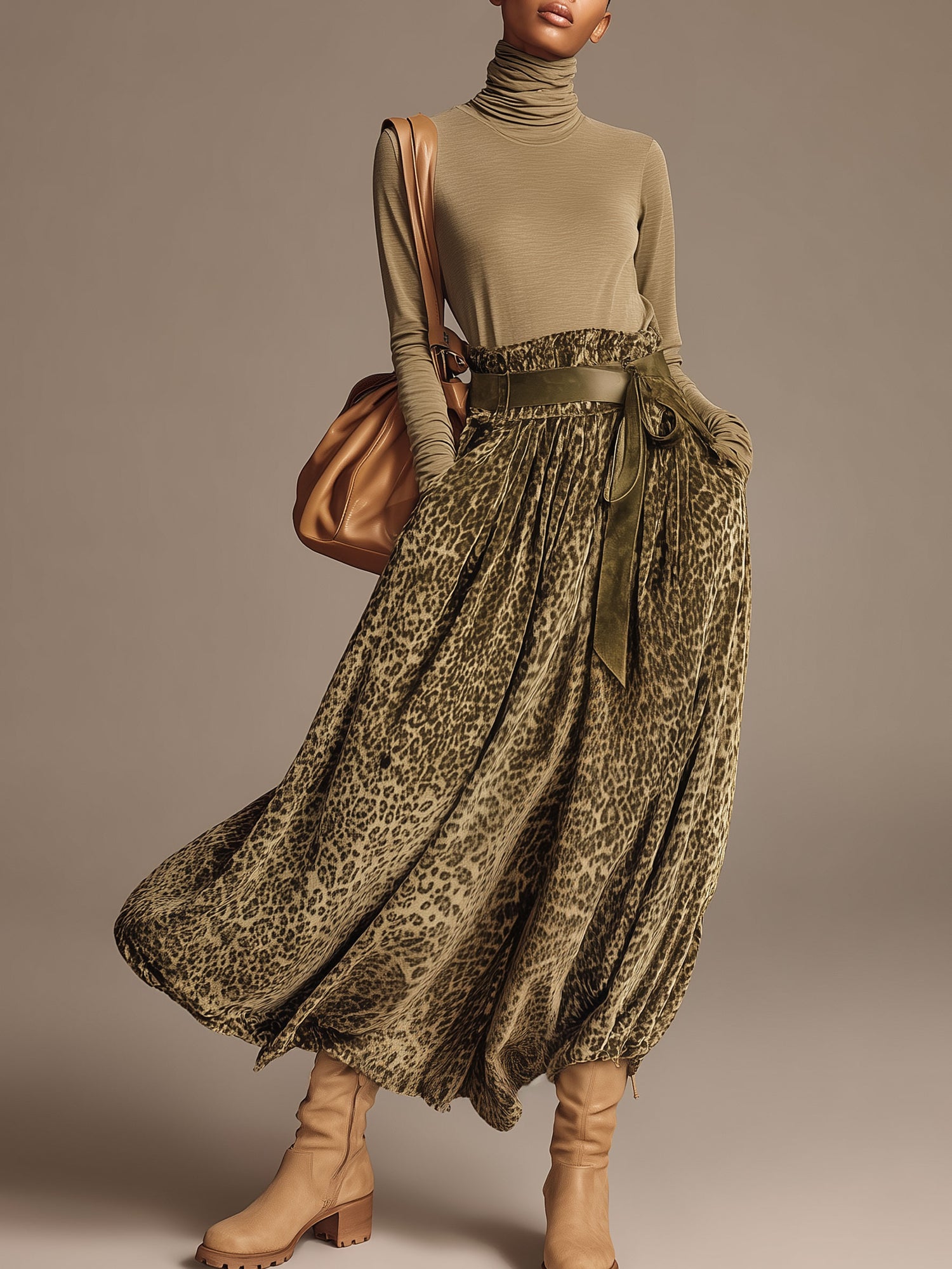 Fashionable Retro Khaki Turtleneck T-shirt And Olive Green Leopard Print Velvet Skirt Set