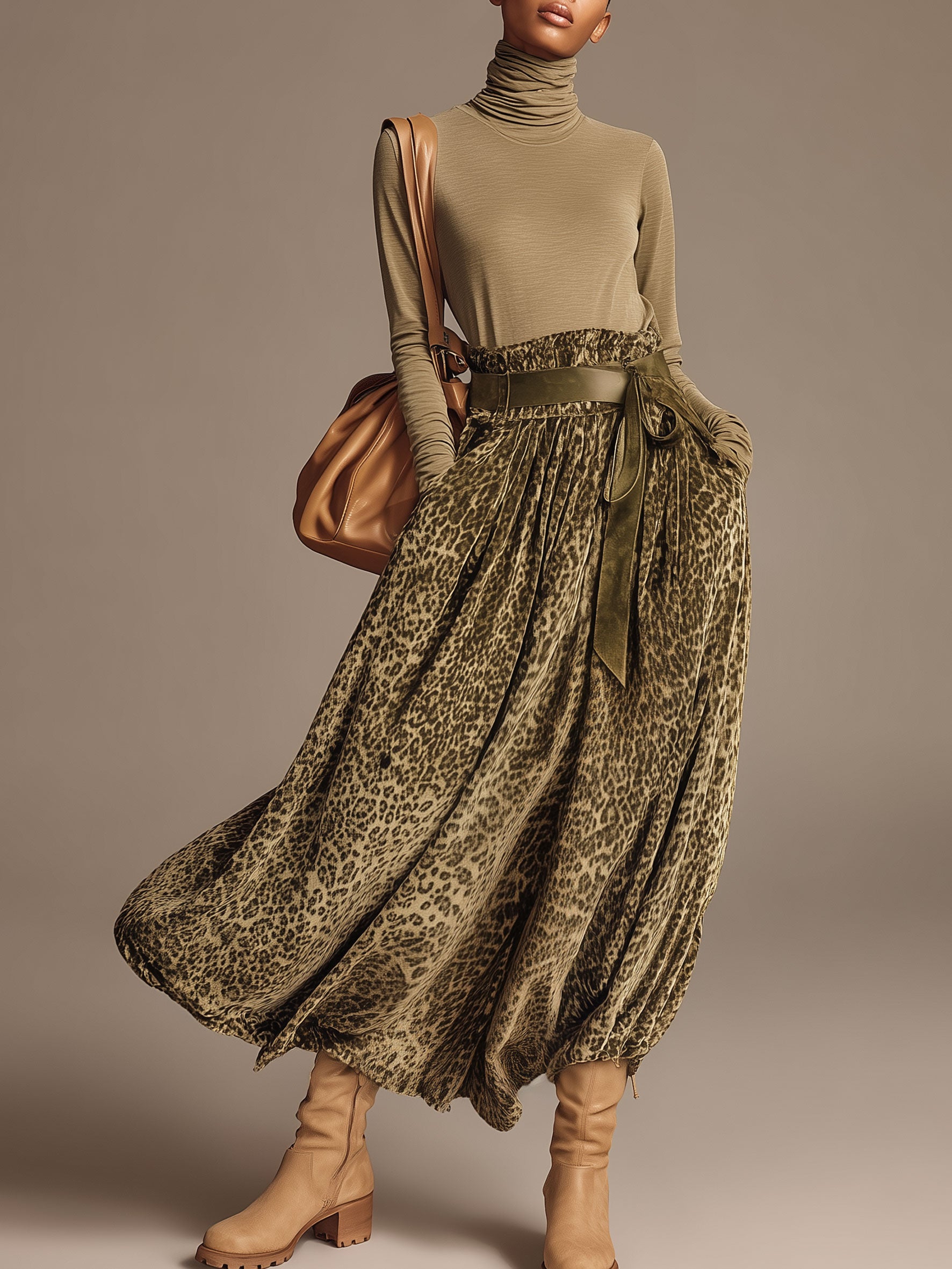 Fashionable Retro Khaki Turtleneck T-shirt And Olive Green Leopard Print Velvet Skirt Set