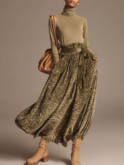 Fashionable Retro Khaki Turtleneck T-shirt And Olive Green Leopard Print Velvet Skirt Set