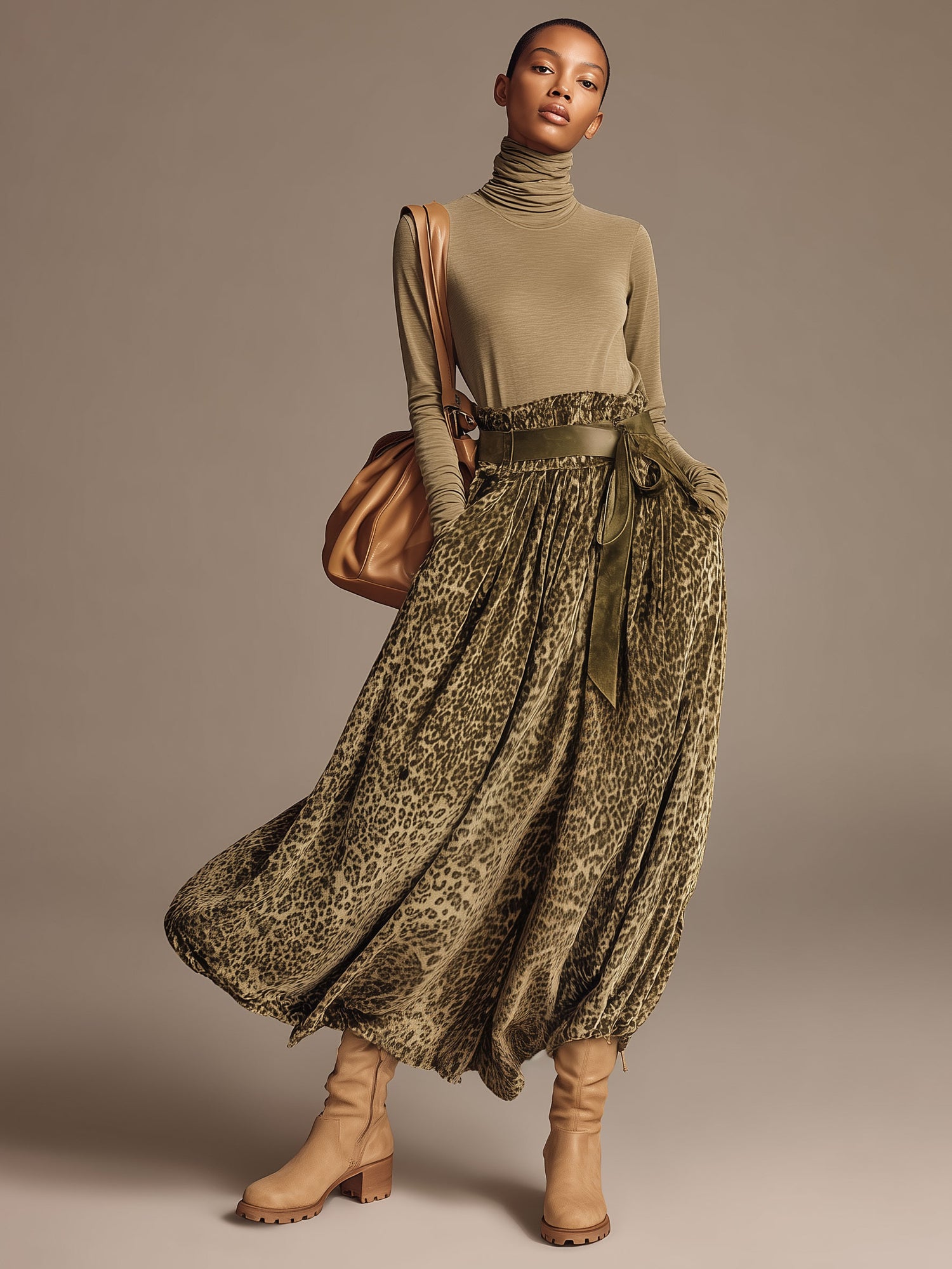 Fashionable Retro Khaki Turtleneck T-shirt And Olive Green Leopard Print Velvet Skirt Set