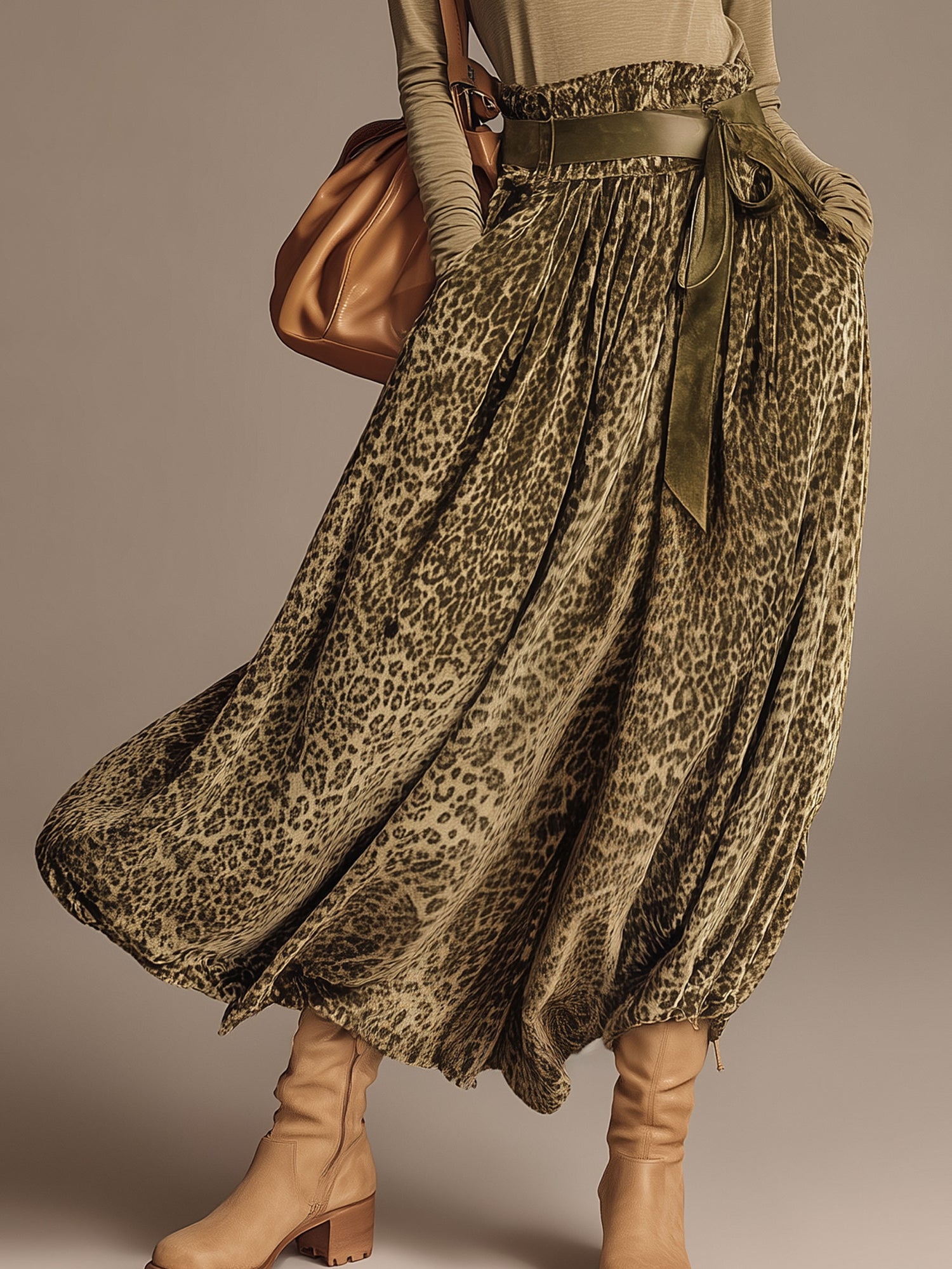 Fashionable Retro Khaki Turtleneck T-shirt And Olive Green Leopard Print Velvet Skirt Set