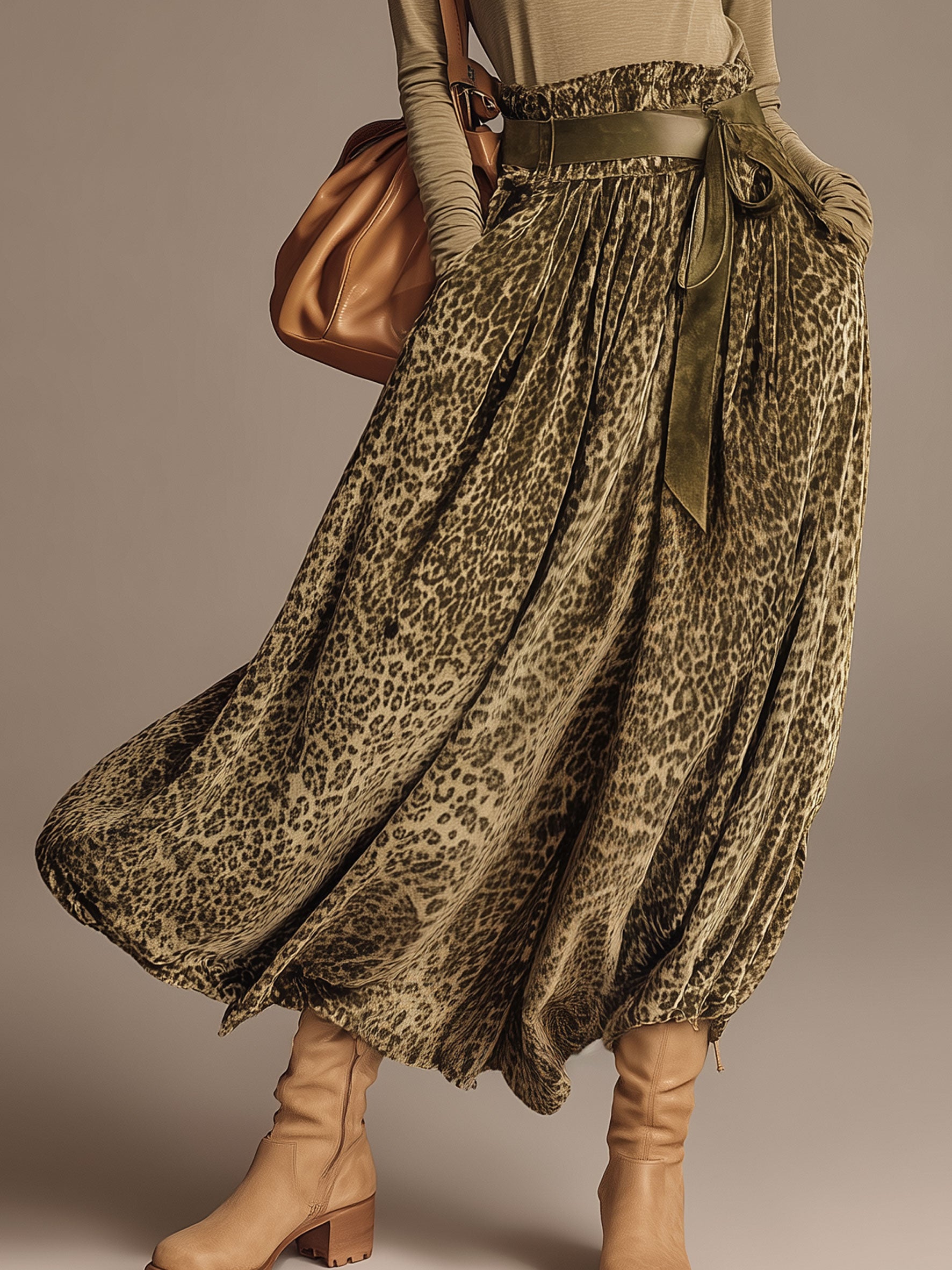 Fashionable Retro Khaki Turtleneck T-shirt And Olive Green Leopard Print Velvet Skirt Set