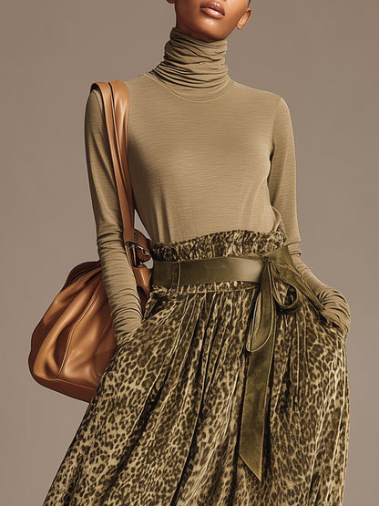 Fashionable Retro Khaki Turtleneck T-shirt And Olive Green Leopard Print Velvet Skirt Set