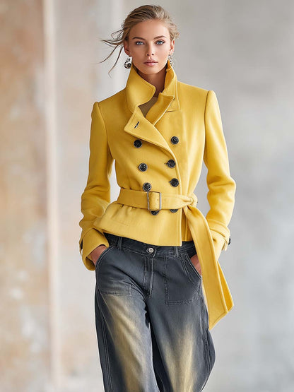 Mustard Wool Stand-Collar Double-Breasted Belted Fitted Short Peacoat Jacket Women