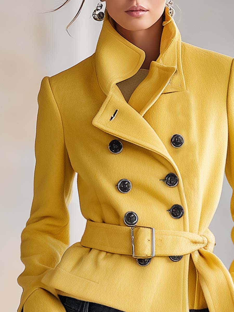 Mustard Wool Stand-Collar Double-Breasted Belted Fitted Short Peacoat Jacket Women