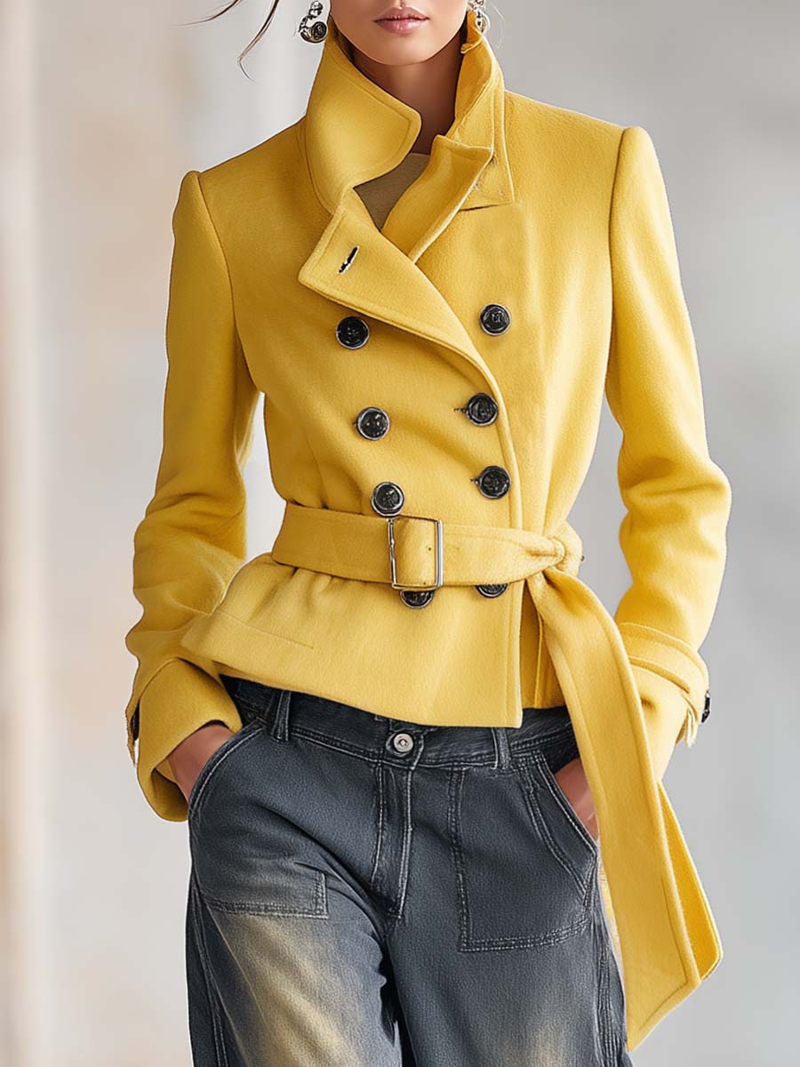 Mustard Wool Stand-Collar Double-Breasted Belted Fitted Short Peacoat Jacket Women