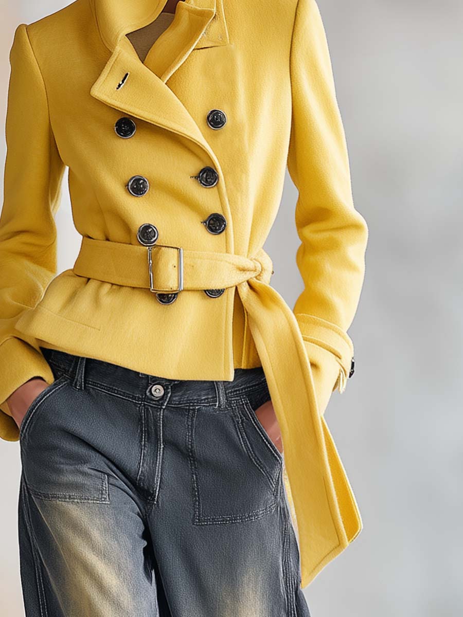 Mustard Wool Stand-Collar Double-Breasted Belted Fitted Short Peacoat Jacket Women