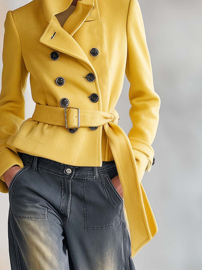 Mustard Wool Stand-Collar Double-Breasted Belted Fitted Short Peacoat Jacket Women