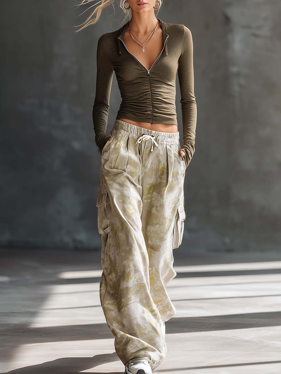 Retro Sporty Olive Ruched Zip Top Camo Wide-Leg Cargo Pants Two-Piece Set