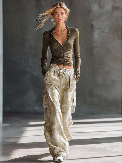 Retro Sporty Olive Ruched Zip Top Camo Wide-Leg Cargo Pants Two-Piece Set