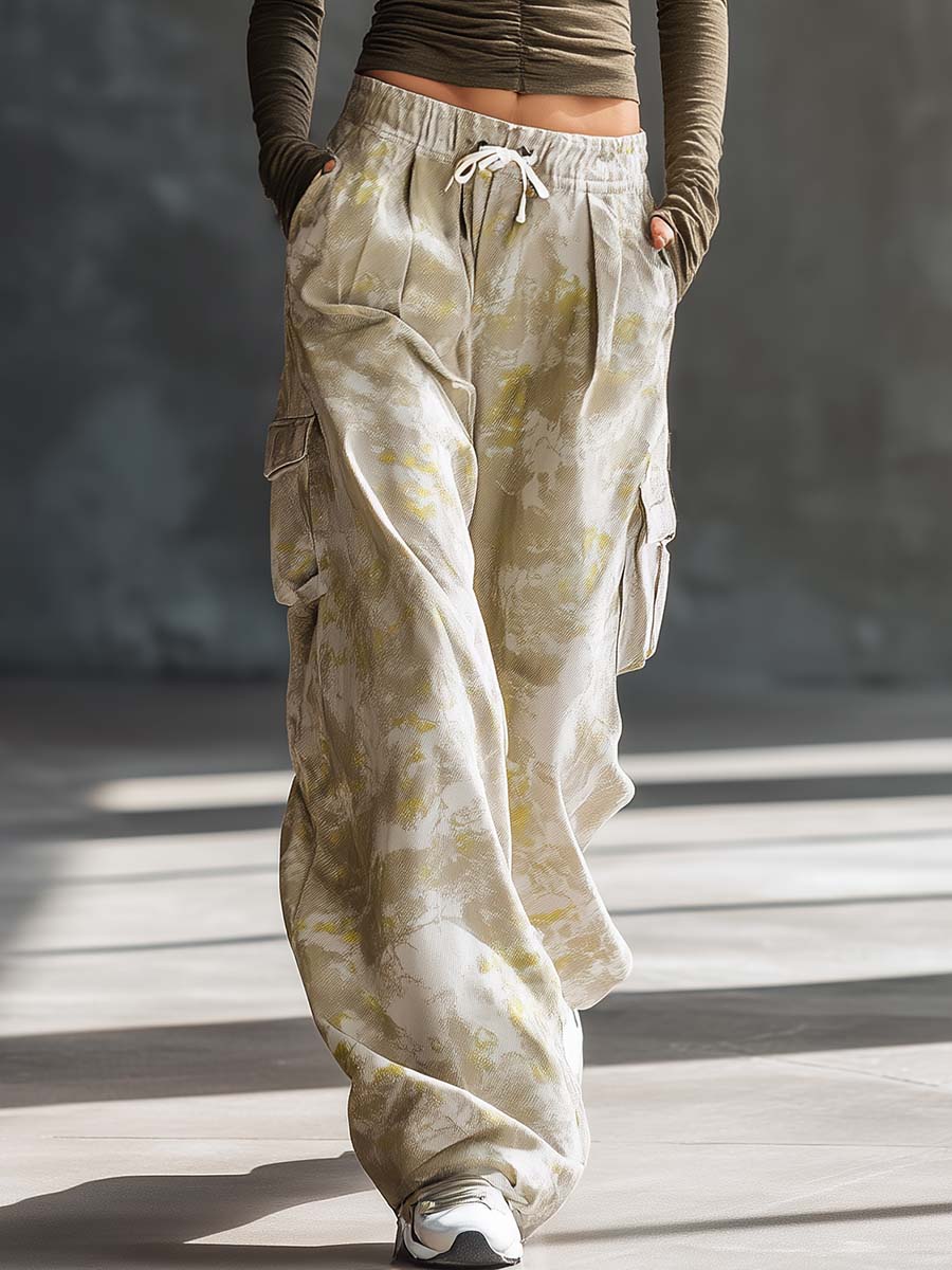 Retro Sporty Olive Ruched Zip Top Camo Wide-Leg Cargo Pants Two-Piece Set