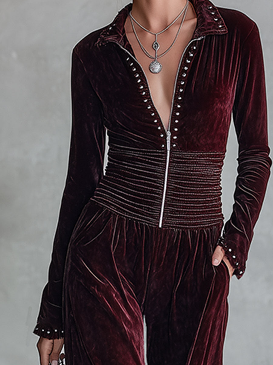 Retro Waist-pleated Burgundy Velvet Long-sleeve Wide-leg Jumpsuit