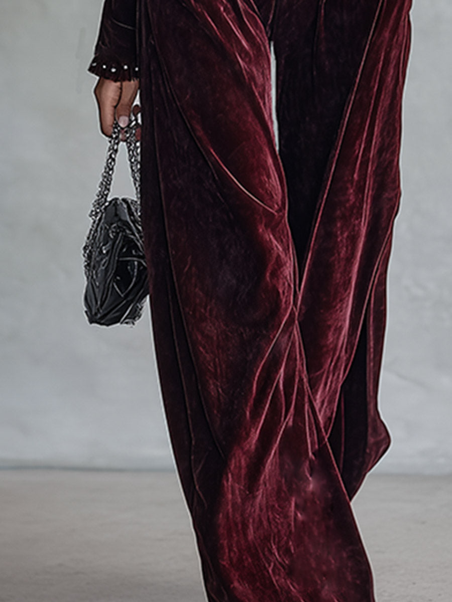 Retro Waist-pleated Burgundy Velvet Long-sleeve Wide-leg Jumpsuit