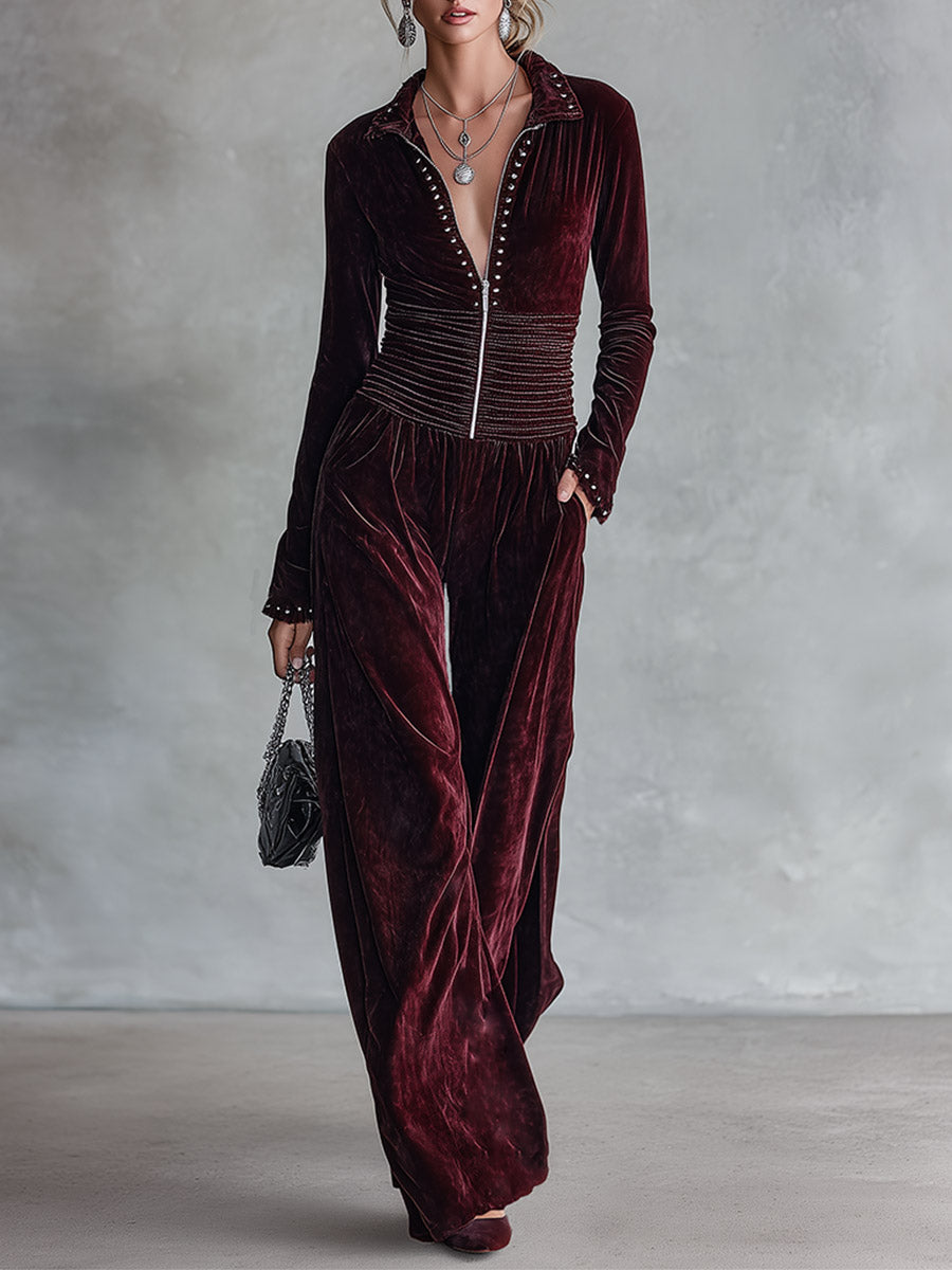 Retro Waist-pleated Burgundy Velvet Long-sleeve Wide-leg Jumpsuit