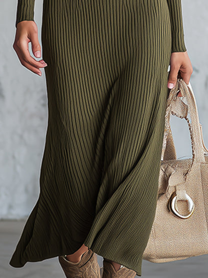 Vintage-style Olive Green Ribbed Knit Square-neck Sweater Maxi Dress