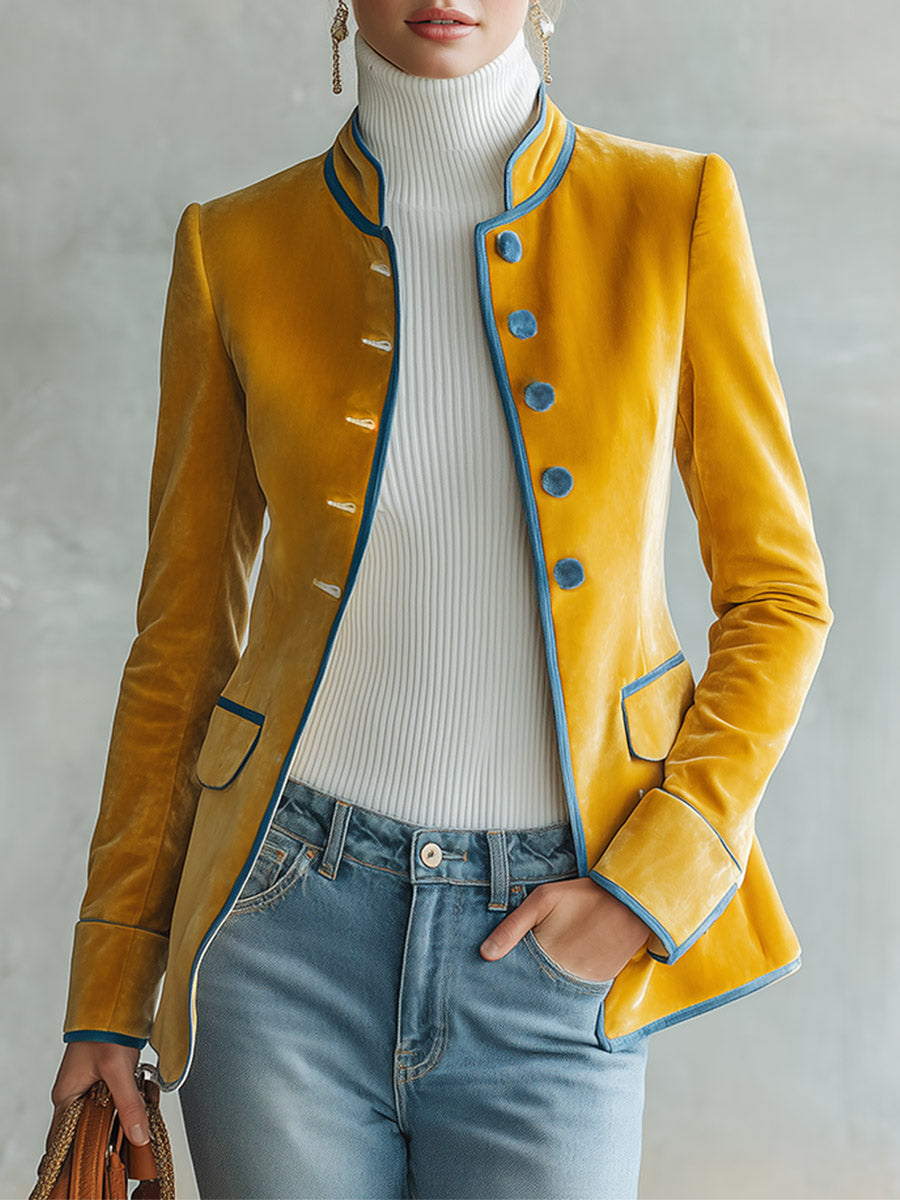 Vintage-luxe Piped Mustard-yellow Velvet Jacket