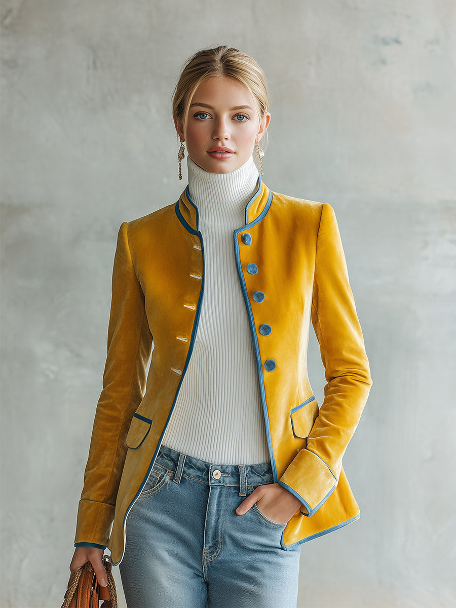 Vintage-luxe Piped Mustard-yellow Velvet Jacket