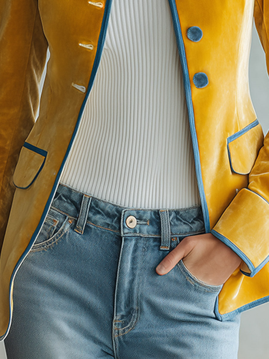 Vintage-luxe Piped Mustard-yellow Velvet Jacket