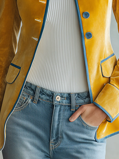 Vintage-luxe Piped Mustard-yellow Velvet Jacket