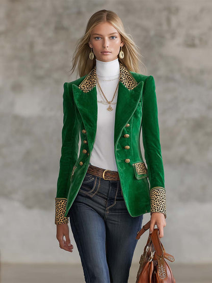 Emerald Velvet Leopard-Trim Peak-Lapel Double-Breasted Gold-Button Fitted Blazer Women