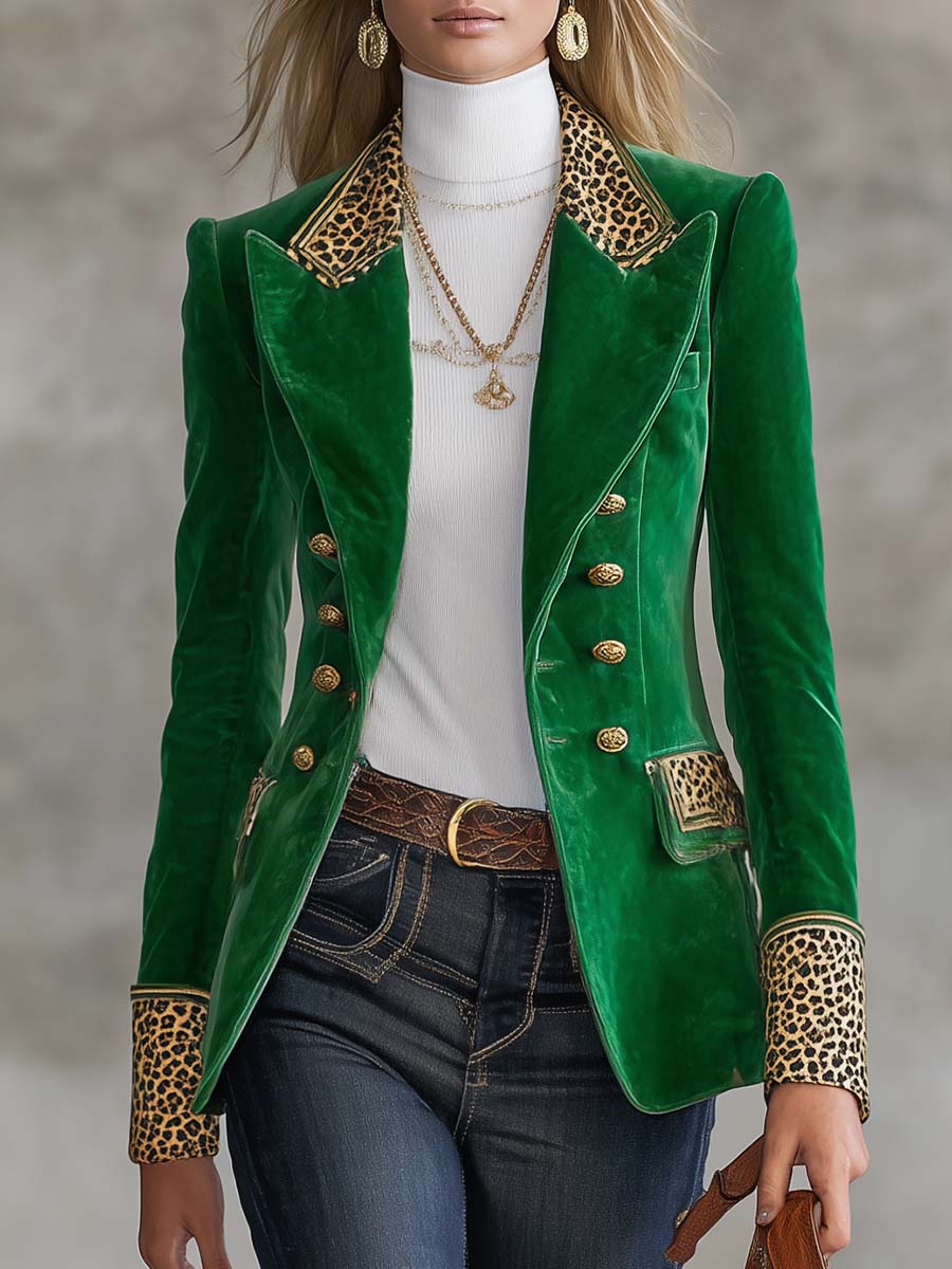 Emerald Velvet Leopard-Trim Peak-Lapel Double-Breasted Gold-Button Fitted Blazer Women