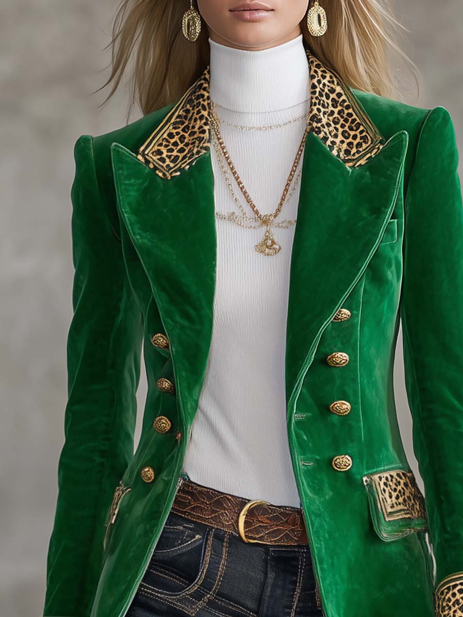 Emerald Velvet Leopard-Trim Peak-Lapel Double-Breasted Gold-Button Fitted Blazer Women