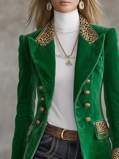 Emerald Velvet Leopard-Trim Peak-Lapel Double-Breasted Gold-Button Fitted Blazer Women