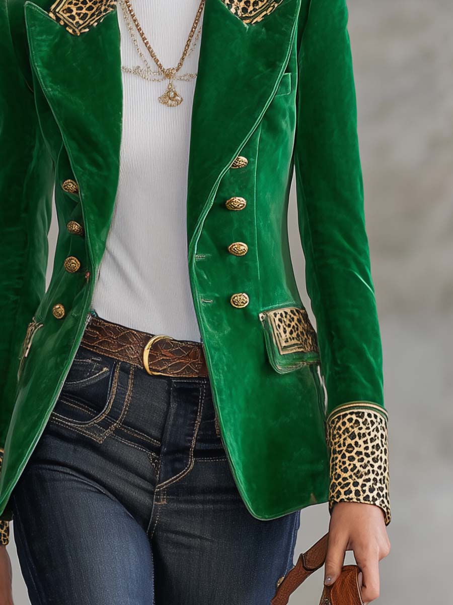 Emerald Velvet Leopard-Trim Peak-Lapel Double-Breasted Gold-Button Fitted Blazer Women