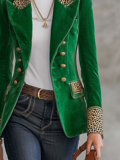 Emerald Velvet Leopard-Trim Peak-Lapel Double-Breasted Gold-Button Fitted Blazer Women