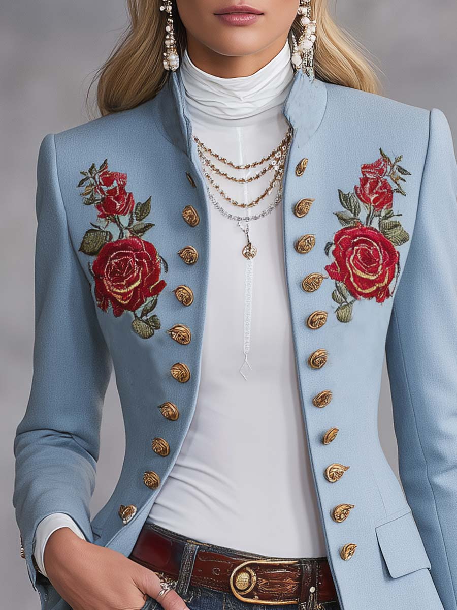 Light Blue Rose-Embroidered Stand-Collar Gold-Button Fitted Military Blazer Women