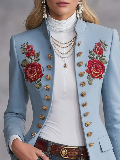 Light Blue Rose-Embroidered Stand-Collar Gold-Button Fitted Military Blazer Women