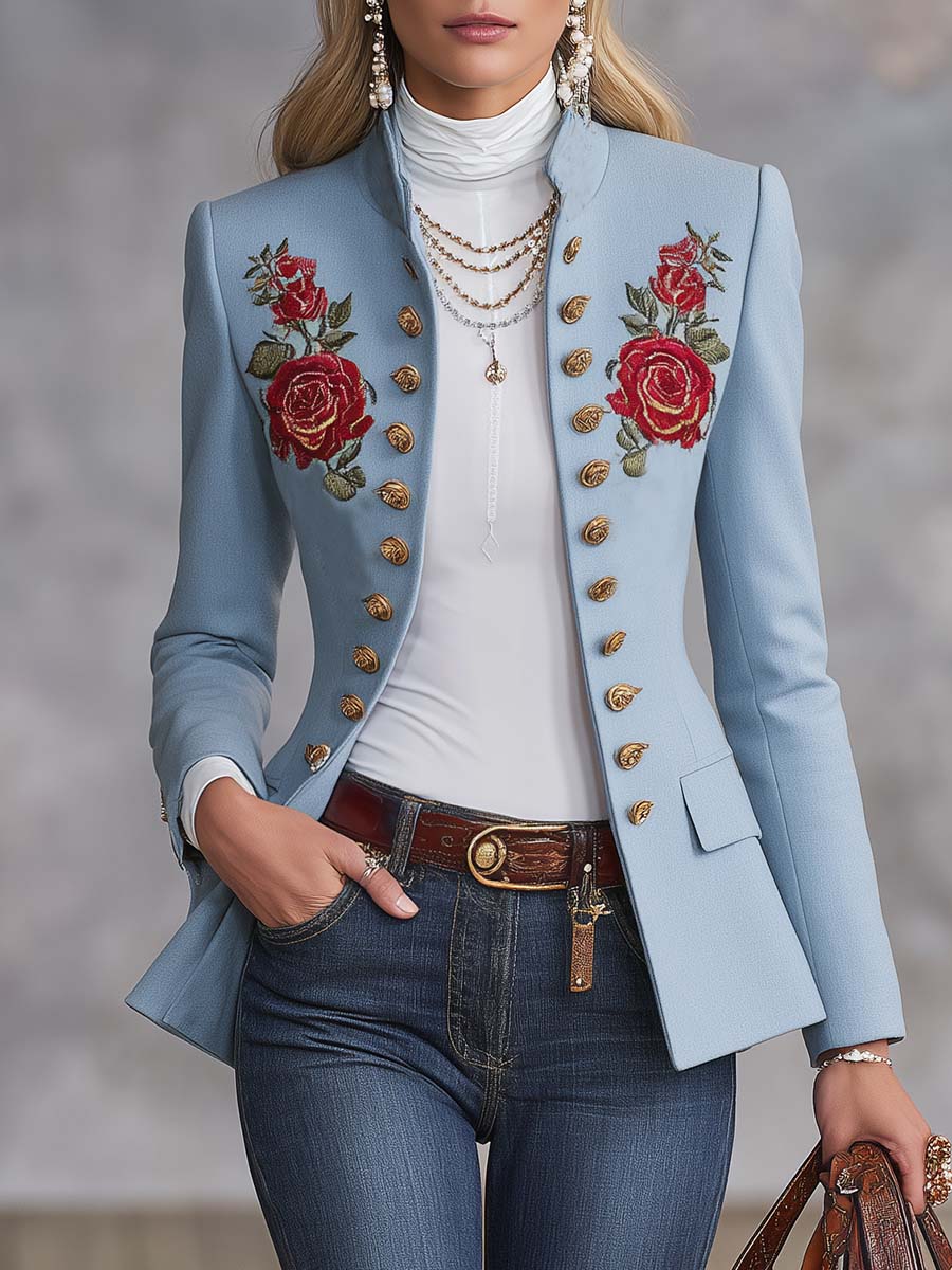 Light Blue Rose-Embroidered Stand-Collar Gold-Button Fitted Military Blazer Women