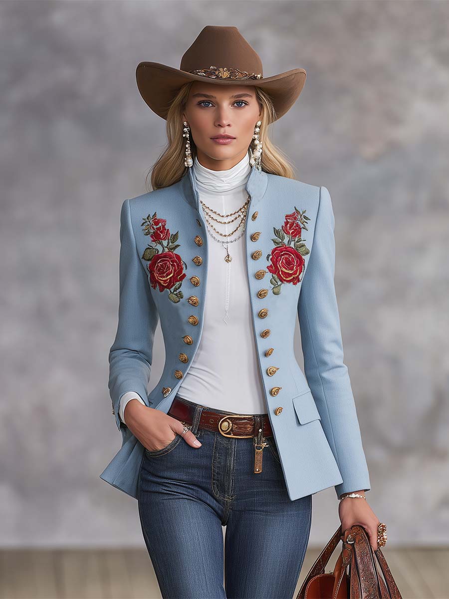 Light Blue Rose-Embroidered Stand-Collar Gold-Button Fitted Military Blazer Women