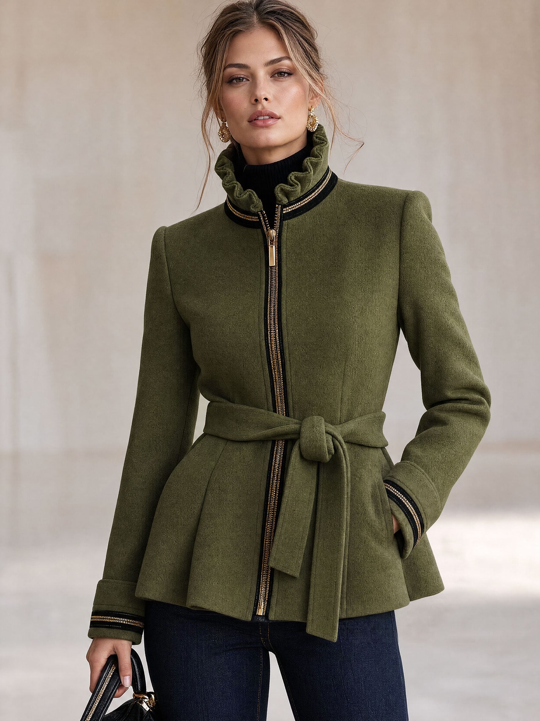 Simple Retro Stand-up Collar Ruffled Belt Olive Green Wool Zip-up Coat
