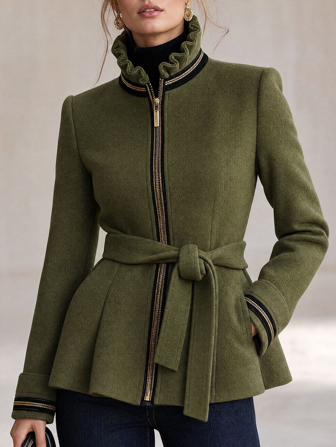 Simple Retro Stand-up Collar Ruffled Belt Olive Green Wool Zip-up Coat