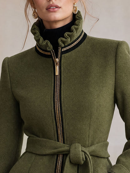 Simple Retro Stand-up Collar Ruffled Belt Olive Green Wool Zip-up Coat