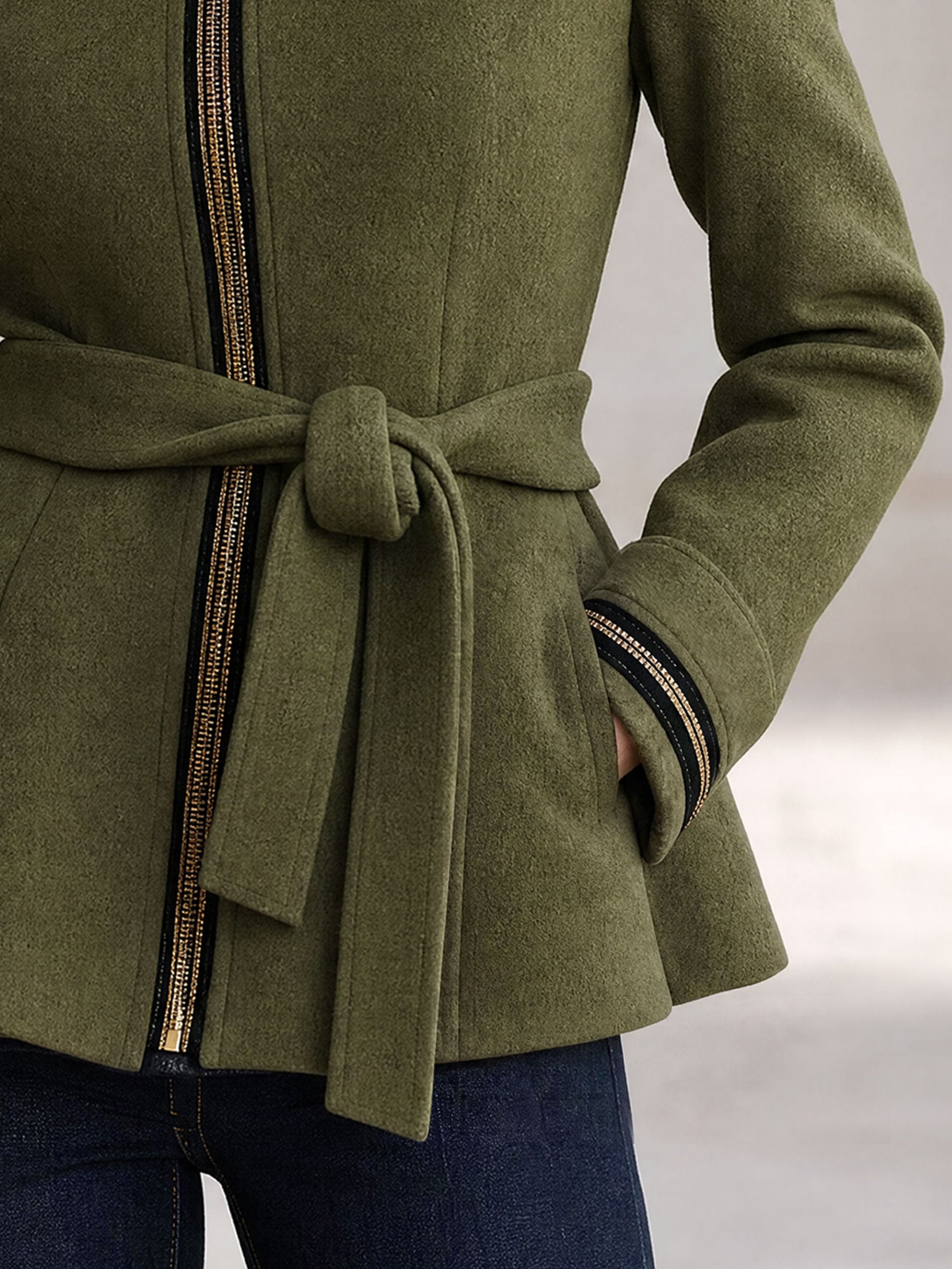 Simple Retro Stand-up Collar Ruffled Belt Olive Green Wool Zip-up Coat