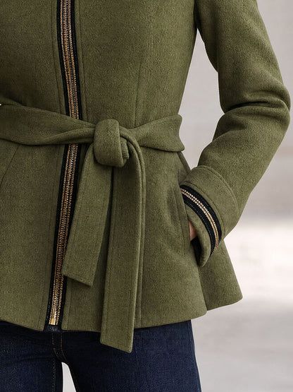 Simple Retro Stand-up Collar Ruffled Belt Olive Green Wool Zip-up Coat