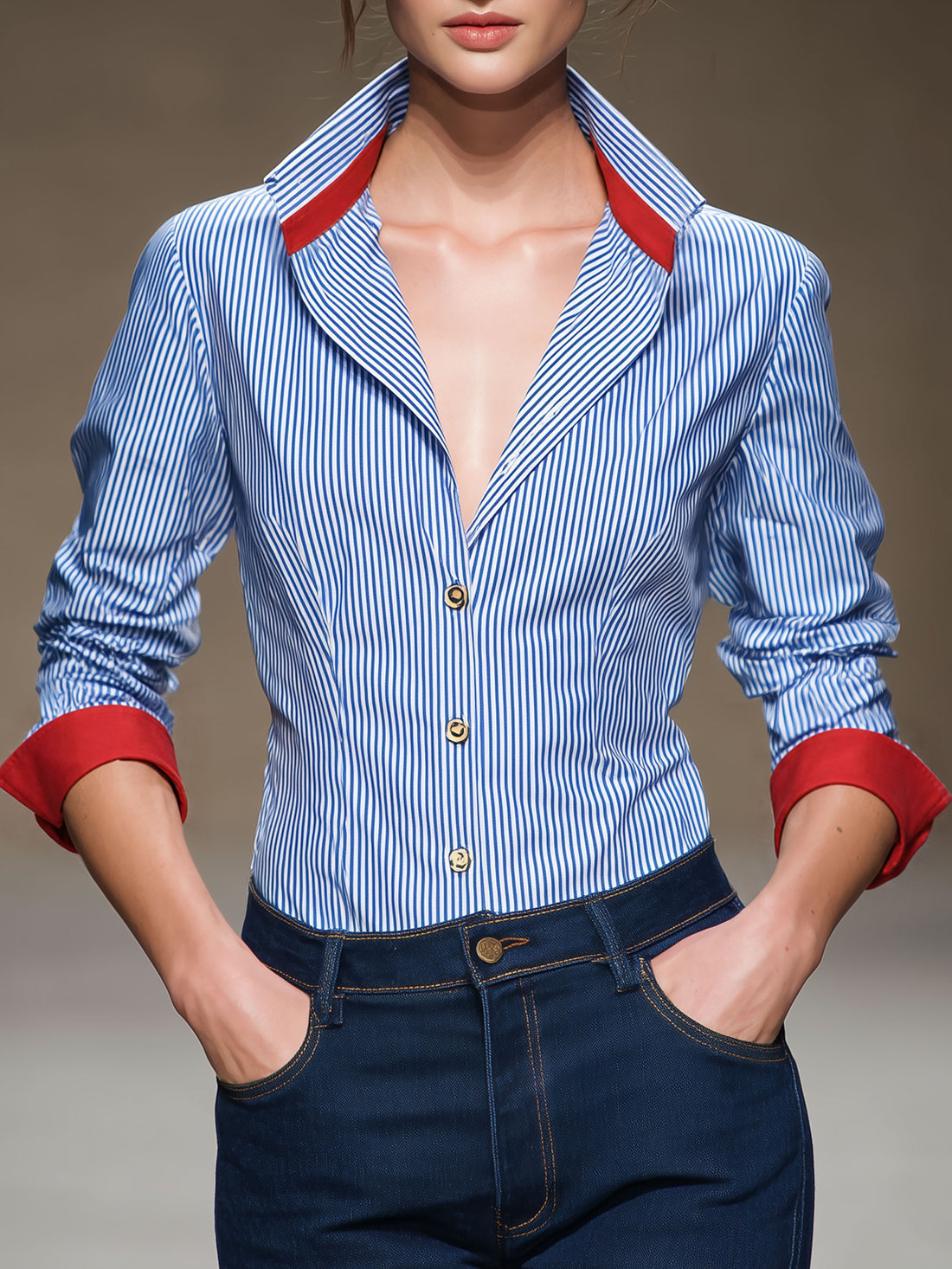 Casual Retro Red Patchwork Blue And White Striped Long-sleeved Shirt