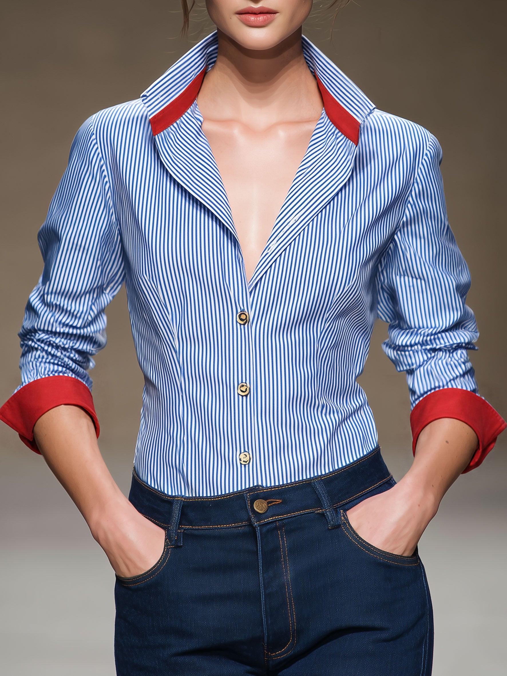 Casual Retro Red Patchwork Blue And White Striped Long-sleeved Shirt