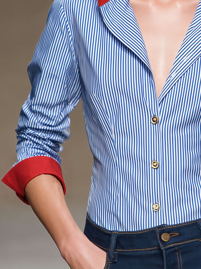 Casual Retro Red Patchwork Blue And White Striped Long-sleeved Shirt