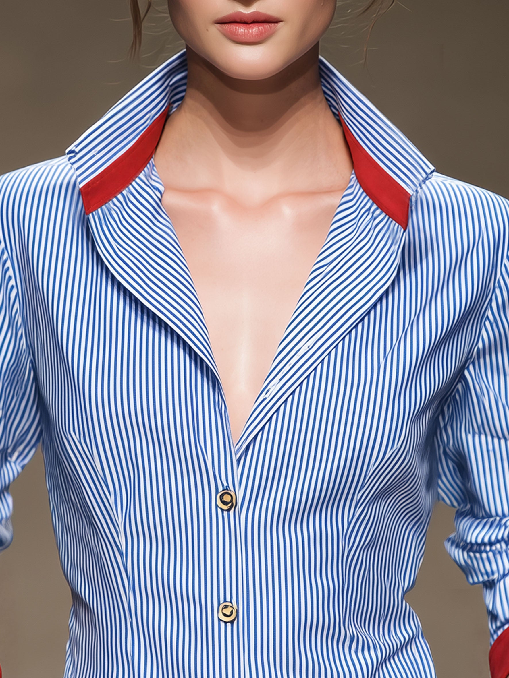 Casual Retro Red Patchwork Blue And White Striped Long-sleeved Shirt