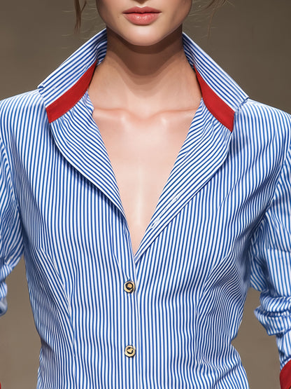 Casual Retro Red Patchwork Blue And White Striped Long-sleeved Shirt
