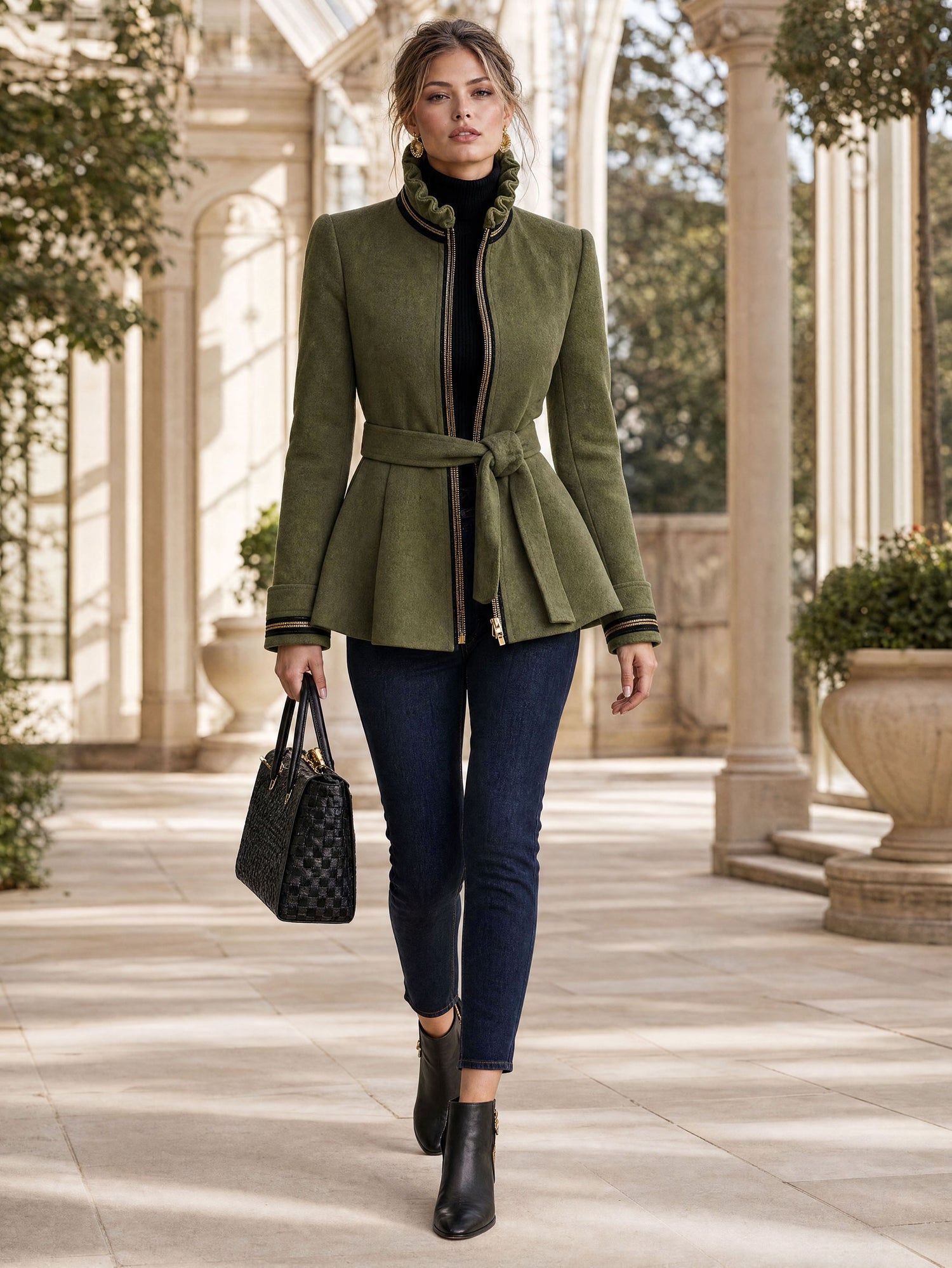 Simple Retro Stand-up Collar Ruffled Belt Olive Green Wool Zip-up Coat