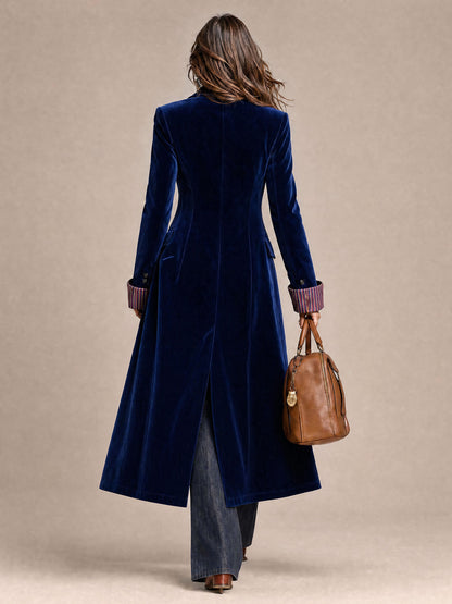 Fashionable Retro Striped Patchwork Royal Blue Velvet Mid-length Coat