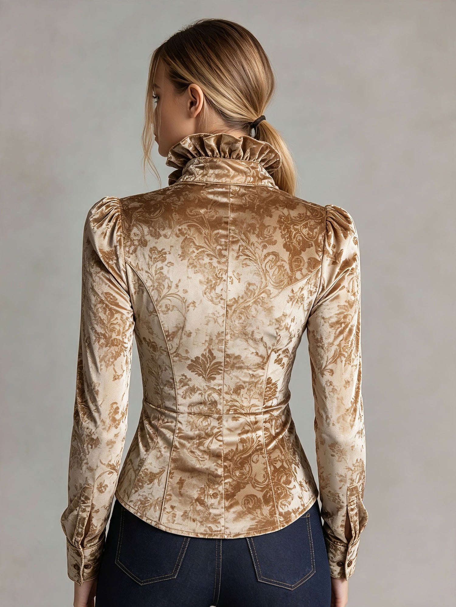 Elegant Retro-print Champagne-colored Velvet Ruffled Long-sleeved Shirt