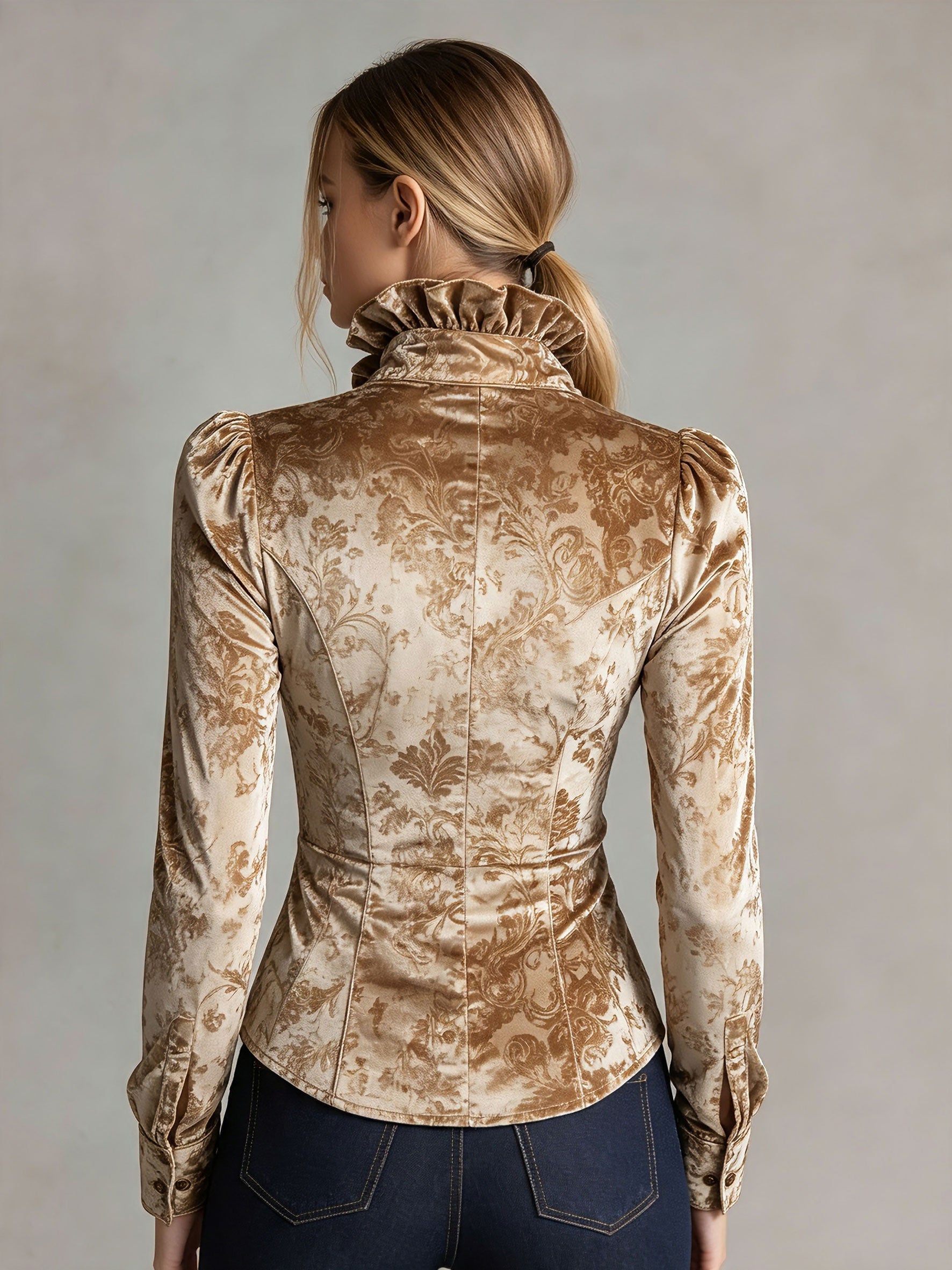 Elegant Retro-print Champagne-colored Velvet Ruffled Long-sleeved Shirt