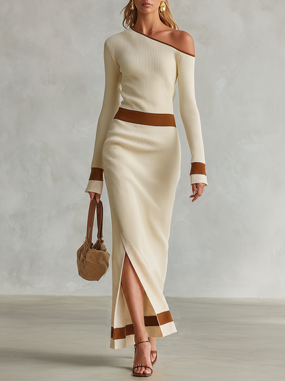 Retro-chic Casual And Elegant Vertical-ribbed Knit Maxi Dress With A One-shoulder Design