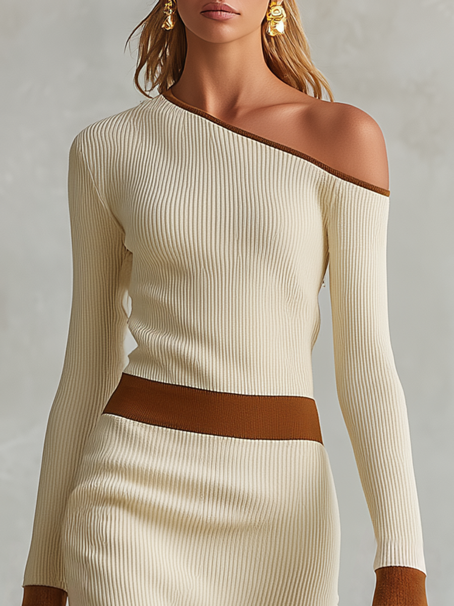 Retro-chic Casual And Elegant Vertical-ribbed Knit Maxi Dress With A One-shoulder Design