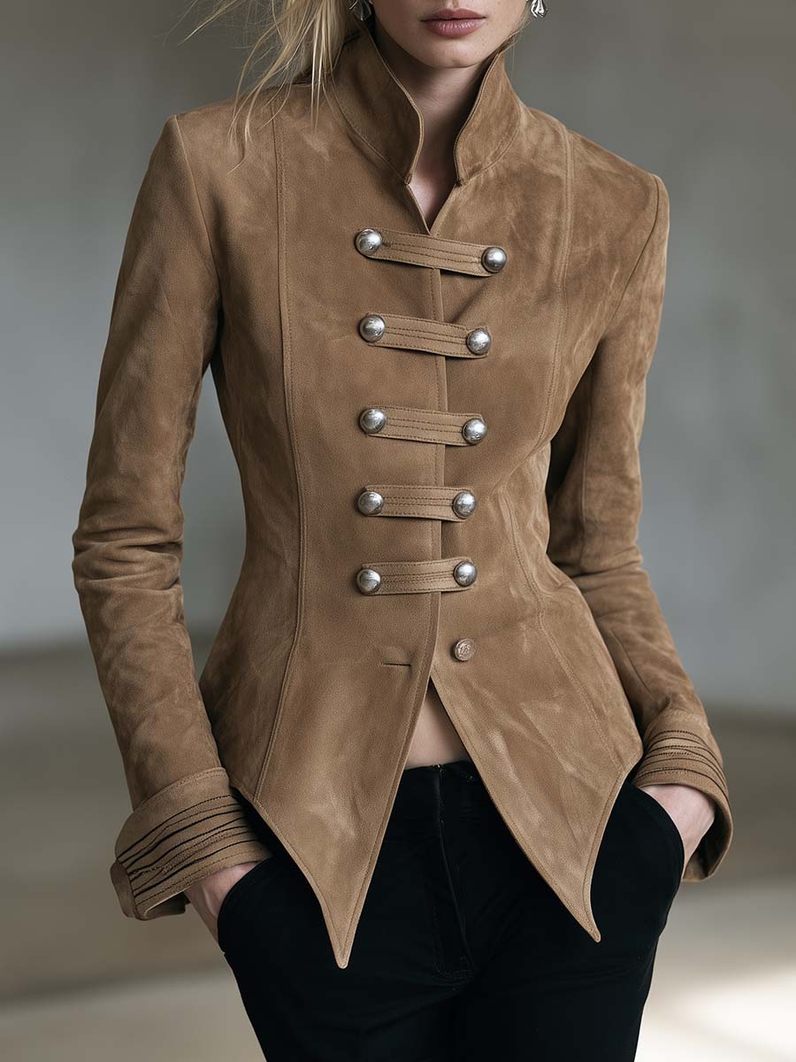 Camel Faux-Suede Stand-Collar Silver-Button Fitted Tailored Military Jacket Women